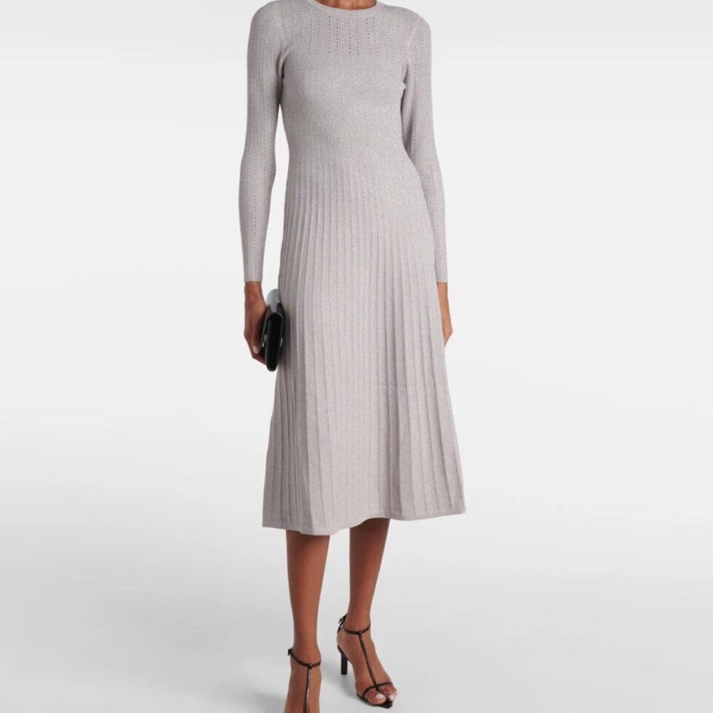Knit Long-Sleeve Midi Dress in Light Gray